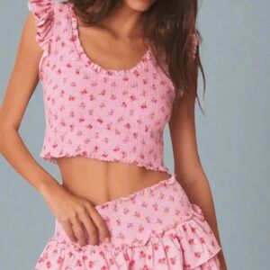 NWT LoveShackFancy Dovi Cotton Smocked Ruffle Top Cherry Pink Sz S